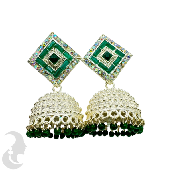 Meenakari- Silver Jhumka Set- Green Color Stone & Hangings, Product Code: V-1908