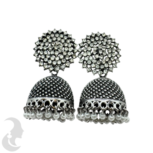 Black Silver Jhumka Set- Plain Stones- White Beads Hangings, Product Code: V-1775