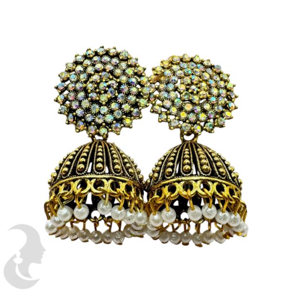 Black Gold Jhumka Set- Plain Stones- White Beads Hangings, Product Code: V-1776