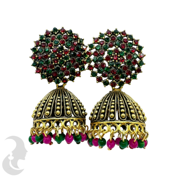 Black Gold Jhumka Set- Green & Red Stones- Green & Red Beads Hangings, Product Code: V-1777