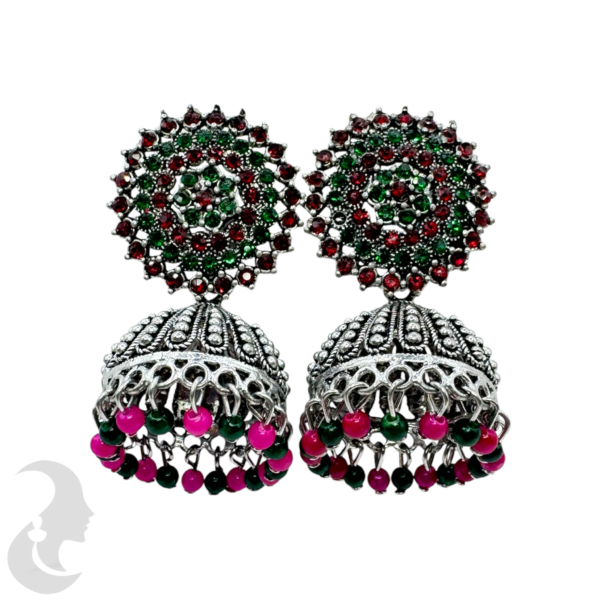 Black Silver Jhumka Set- Green & Red Stones- Green & Red Beads Hangings, Product Code: V-1778