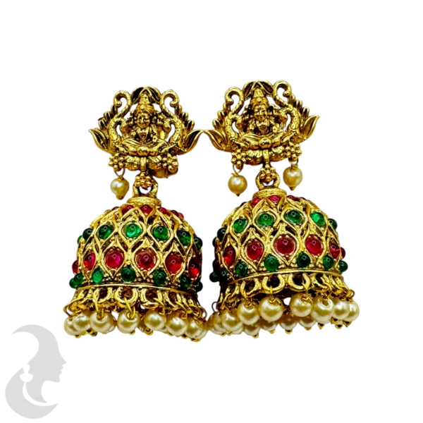 Lakshmi Design Gold Plated Jhumka Set- Ruby & Green Color Stones-, Product Code: V-1780