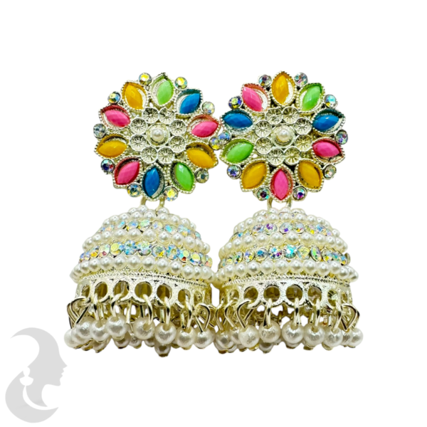 Silver Multi Color Stone Jhumka Set- White Jhumka & Hangings, Product Code: V-1781