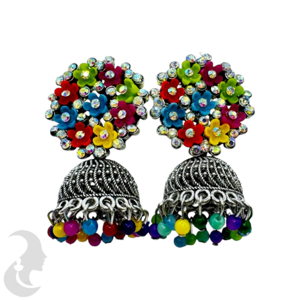 Black Silver Jhumka Set- Multi Color Studs & Hangings, Product Code: V-1782