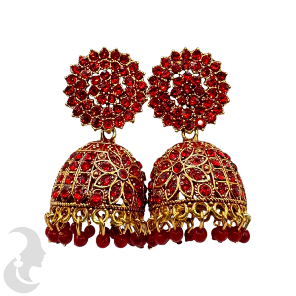 Gold Plated Jhumka Set- Red Color Stones & Hangings, Product Code: V-1783