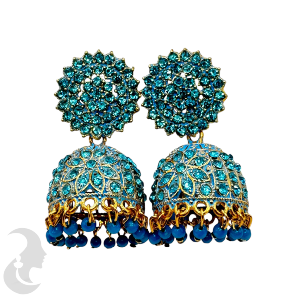 Gold Plated Jhumka Set- Blue Color Stones & Hangings, Product Code: V-1909