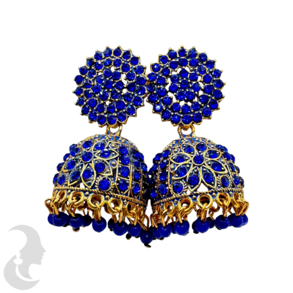 Gold Plated Jhumka Set- Dark Blue Color Stones & Hangings, Product Code: V-1910