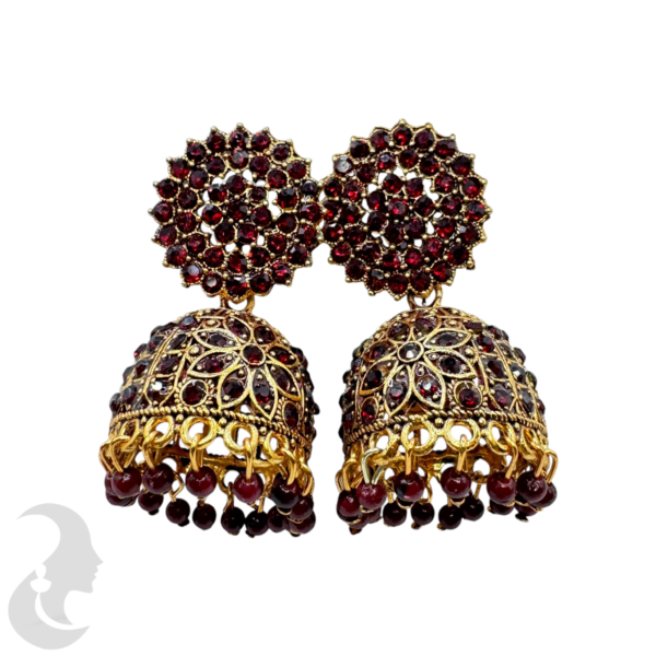 Gold Plated Jhumka Set- Ruby Color Stones & Hangings, Product Code: V-1911