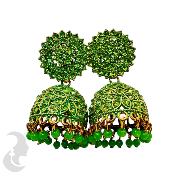 Gold Plated Jhumka Set- Green Color Stones & Hangings, Product Code: V-1912