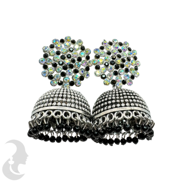 Black Silver Plated Jhumka Set- Black & Plain Color Stone & Hangings, Product Code: V-1784