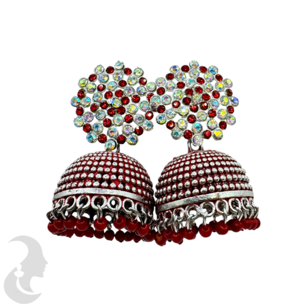 Red Silver Plated Jhumka Set- Red & Plain Color Stone & Hangings, Product Code: V-1913