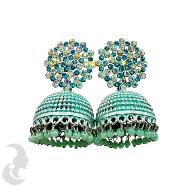 Blue Silver Plated Jhumka Set- Blue & Plain Color Stone & Hangings, Product Code: V-1914