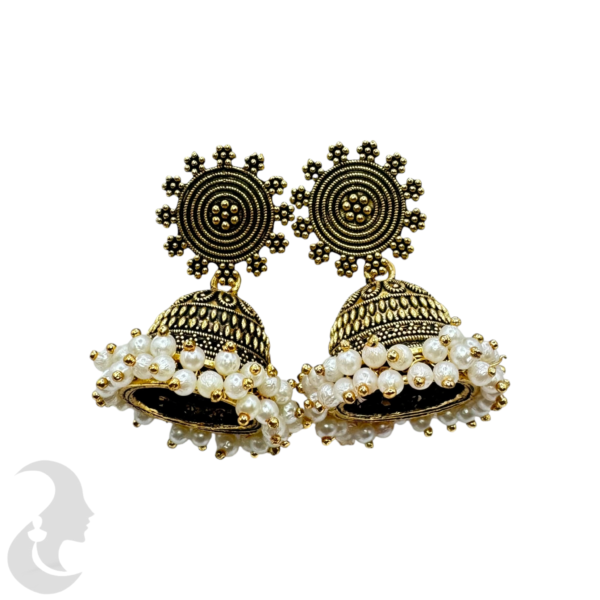 Black Gold Plated Jhumka Set- With White Hangings, Product Code: V-1785