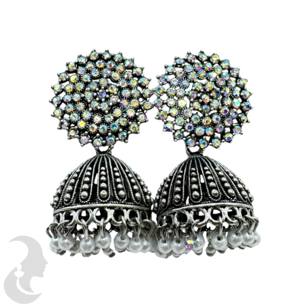 Black Silver Plated Jhumka Set- Plain Stones, Product Code: V-1790