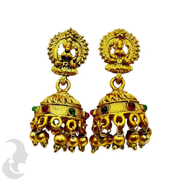 Gold Plated Jhumka Set- Green & Ruby Color & Hangings, Product Code: V-1793