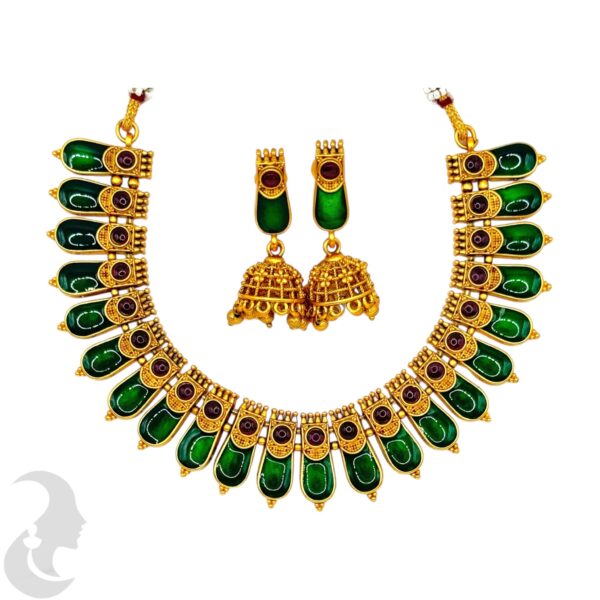 Matte Finish Palakka Necklace Set- Green Enamel- Jhumkas, Product Code: V-2000