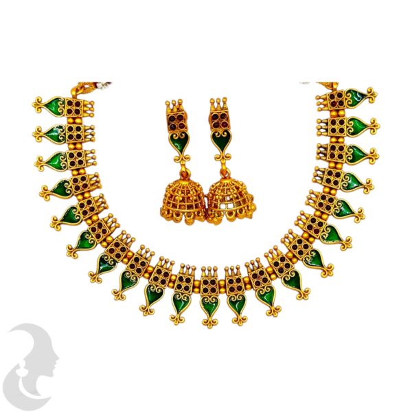 Matte Finish Palakka Necklace Set- Green Enamel- Jhumkas, Product Code: V-2001