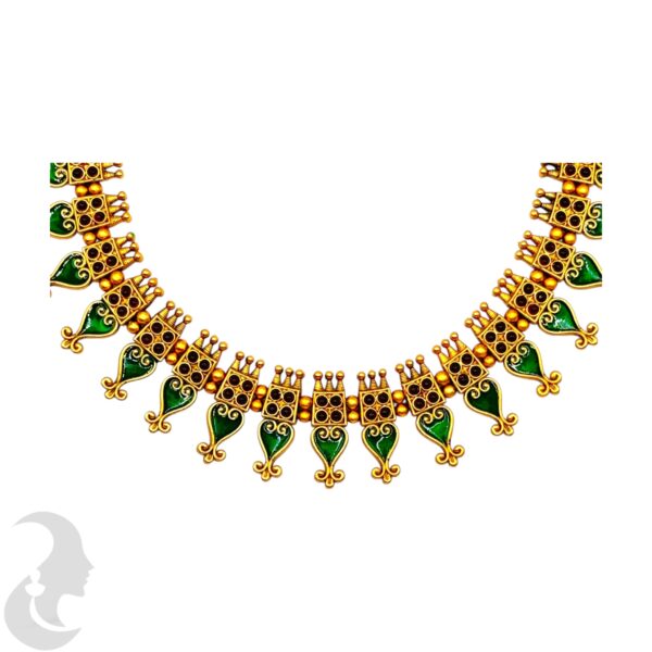 Matte Finish Palakka Necklace Set- Green Enamel- Jhumkas, Product Code: V-2001 - Image 2