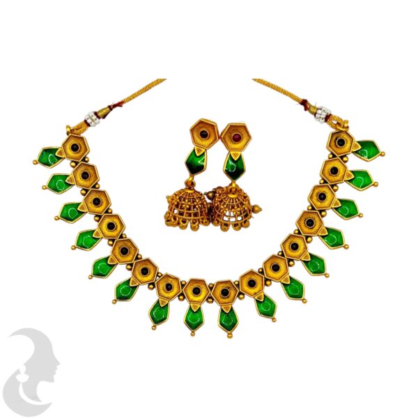 Matte Finish Nagapadam Palakka Necklace Set- Green Enamel- Jhumkas, Product Code: V-2002