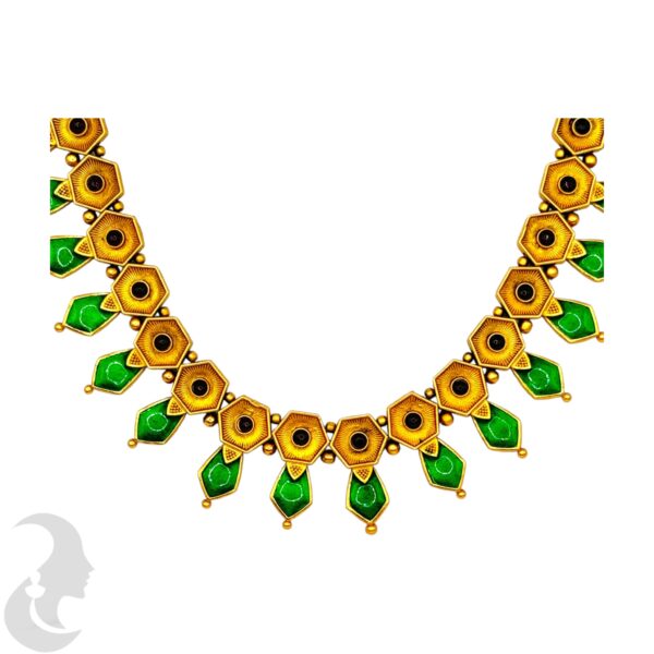 Matte Finish Nagapadam Palakka Necklace Set- Green Enamel- Jhumkas, Product Code: V-2002 - Image 2