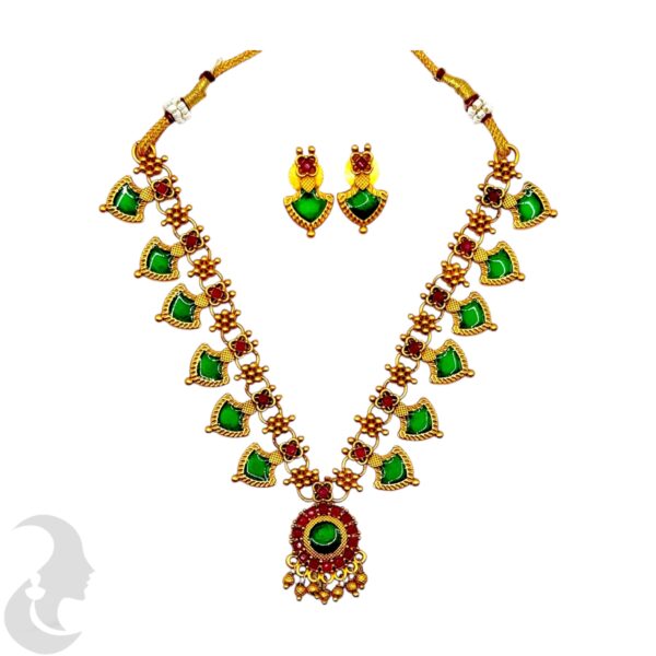 Matte Finish Palakka Necklace Set- Green Enamel- Studs, Product Code: V-2003