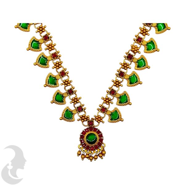 Matte Finish Palakka Necklace Set- Green Enamel- Studs, Product Code: V-2003 - Image 2