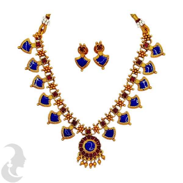 Matte Finish Palakka Necklace Set- Blue Enamel- Studs, Product Code: V-2004