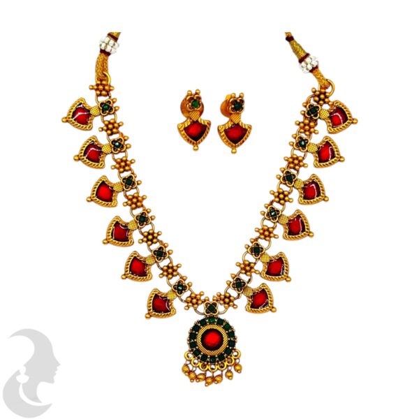 Matte Finish Palakka Necklace Set- Red Enamel- Studs, Product Code: V-2005