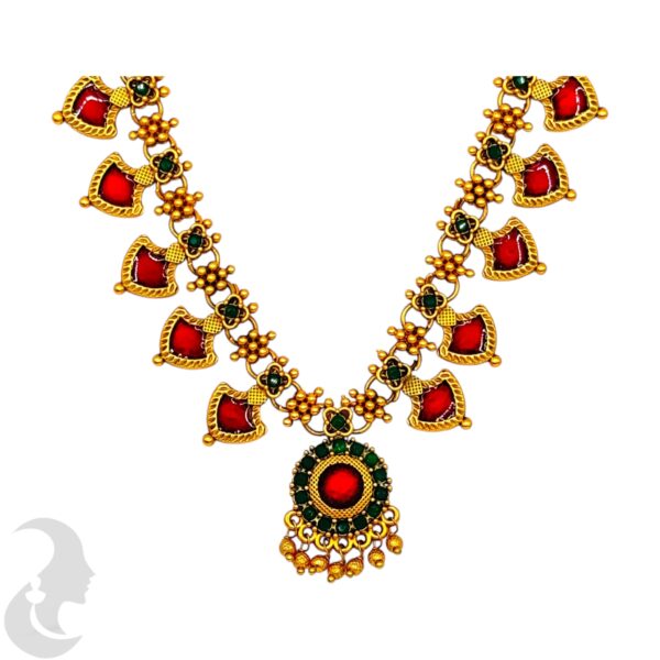 Matte Finish Palakka Necklace Set- Red Enamel- Studs, Product Code: V-2005 - Image 2