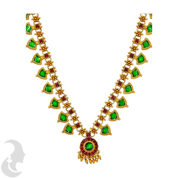 Matte Finish Palakka Necklace Set- Green Enamel- Studs, Product Code: V-2006 - Image 2