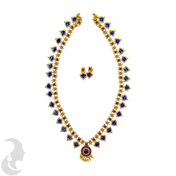 Matte Finish Palakka Necklace Set- Blue Enamel- Studs, Product Code: V-2007