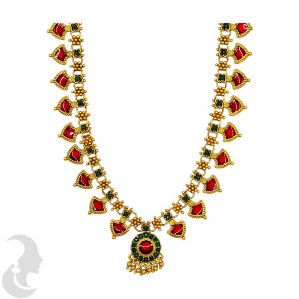 Matte Finish Palakka Necklace Set- Red Enamel- Studs, Product Code: V-2008 - Image 2