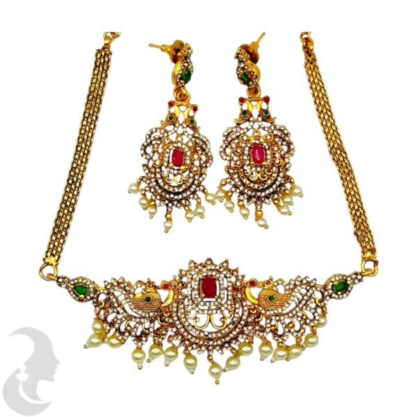 Peacock Design-AD Choker Set - Green & Ruby Color Stones- Hanging Studs, Product Code: V-2010