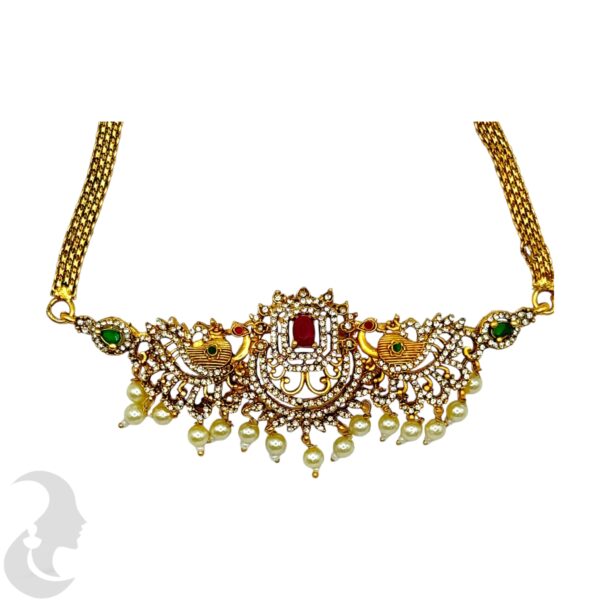 Peacock Design-AD Choker Set - Green & Ruby Color Stones- Hanging Studs, Product Code: V-2010 - Image 2