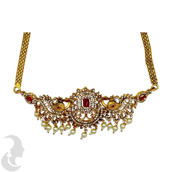 Peacock Design-Antique AD Choker Set - Green & Pink Color Stones- Hanging Studs, Product Code: V-2013 - Image 2