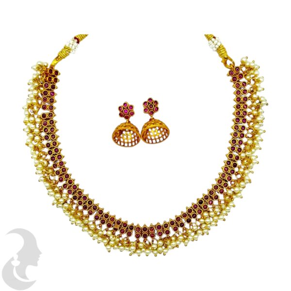 Guttapusalu Necklace Set- Pink Color Stones- Jhumka, Product Code: V-2021