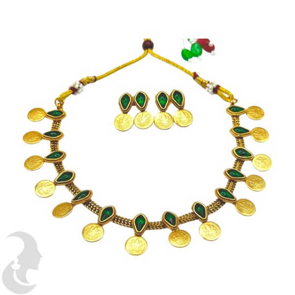 Coin Necklace Set- Lakshmi Design- Green Color Stones- Studs, Product Code: V-2022