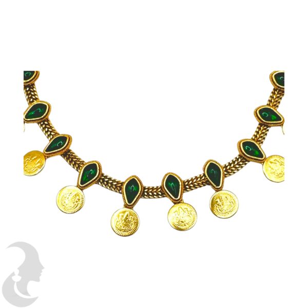 Coin Necklace Set- Lakshmi Design- Green Color Stones- Studs, Product Code: V-2022 - Image 2