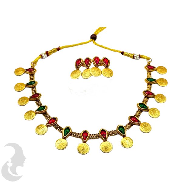 Coin Necklace Set- Lakshmi Design- Ruby & Green Color Stones- Studs, Product Code: V-2023