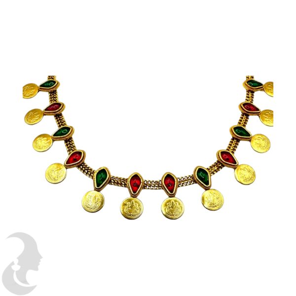 Coin Necklace Set- Lakshmi Design- Ruby & Green Color Stones- Studs, Product Code: V-2023 - Image 2