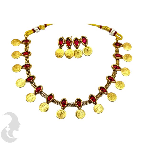 Coin Necklace Set- Lakshmi Design- Red Color Stones- Studs, Product Code: V-2024