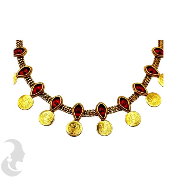 Coin Necklace Set- Lakshmi Design- Red Color Stones- Studs, Product Code: V-2024 - Image 2