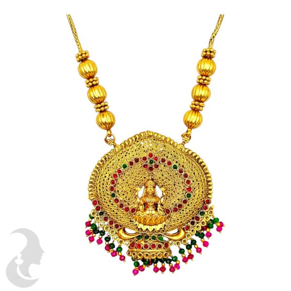 Lakshmi Pendant Necklace- Pink & Green Color Stones- Jhumka, Product Code: V-2025