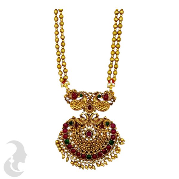 Peacock Design Beads Necklace- Green & Pink Color Stones- Jhumka, Product Code: V-2026 - Image 2