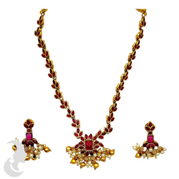 Leaf Design Necklace Set- Ruby Color Stones- Studs, Product Code: V-2027