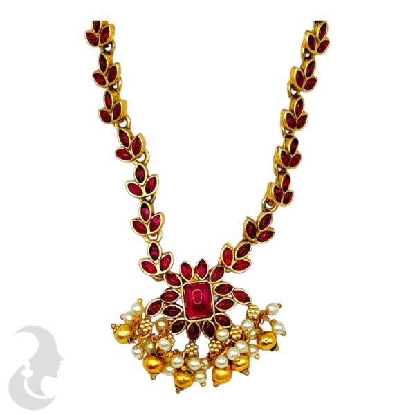 Leaf Design Necklace Set- Ruby Color Stones- Studs, Product Code: V-2027 - Image 2