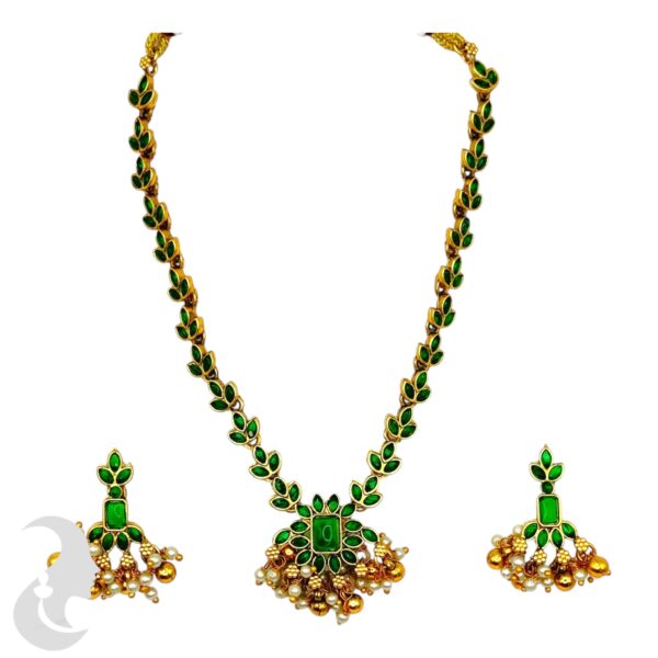 Leaf Design Necklace Set- Green Color Stones- Studs, Product Code: V-2028