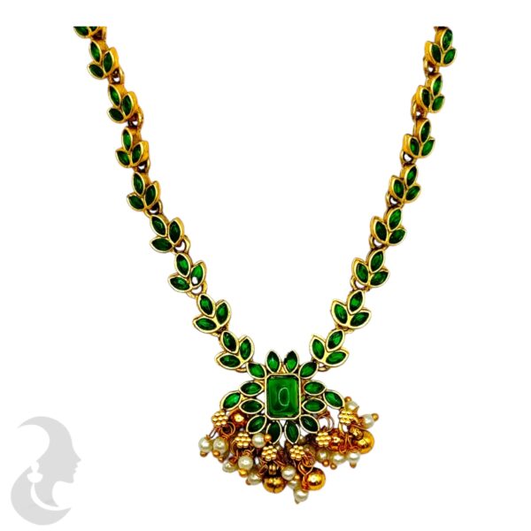 Leaf Design Necklace Set- Green Color Stones- Studs, Product Code: V-2028 - Image 2