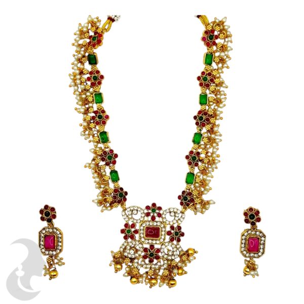 Guttapusalu Necklace Set- Green & Ruby Color Stones- Studs, Product Code: V-2030