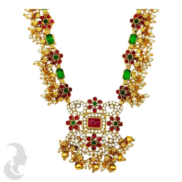 Guttapusalu Necklace Set- Green & Ruby Color Stones- Studs, Product Code: V-2030 - Image 2